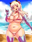  1girl beach blonde_hair blush breasts cameltoe cleavage fangs hair_ribbon kokumotsu large_breasts long_hair looking_at_viewer navel original plump pointy_ears pussy_juice red_eyes ribbon smile solo standing swimsuit thighhighs 