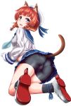  animal_ear_fluff animal_ears aqua_neckwear ass bike_shorts black_legwear blue_skirt braid cat_ears cat_tail commentary_request etorofu_(kantai_collection) full_body gloves hat highres kantai_collection kemonomimi_mode knck long_sleeves looking_at_viewer neckerchief open_mouth pantylines red_hair sailor_collar sailor_hat school_uniform serafuku shirt shoes short_hair shorts shorts_under_skirt simple_background single_stripe skirt socks solo tail thighs traditional_media twin_braids watercolor_(medium) white_background white_gloves 