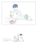  3others alternate_costume androgynous apron aqua_hair bacon bangs blue_eyes blue_hair blunt_bangs comic contemporary cooking feeding food green_hair houseki_no_kuni korean_text multiple_others multiple_persona mydeerwitch phosphophyllite phosphophyllite_(ll) short_hair spoilers sunny_side_up_egg 