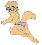  alvin_and_the_chipmunks anthro balls blue_eyes bluepawpanda blush butt chipmunk clothing eyewear fluffy fluffy_tail girly glasses hair hi_res long_hair looking_at_viewer looking_back male mammal panties panties_aside penis pose raised_tail rodent simon_seville simple_background smile solo underwear underwear_aside white_background 
