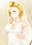  azur_lane blonde_hair blue_eyes breasts bridal_veil cleavage collarbone commentary_request dress earrings hair_over_shoulder highres hood_(azur_lane) jewelry large_breasts long_hair necklace sausan solo tiara veil wedding_dress 