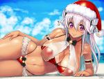  aqua_hair bare_shoulders beach bikini bikini_tan blush breasts christmas cleavage cloud commentary_request curvy day hat headphones large_breasts long_hair looking_at_viewer lying multicolored_hair navel nitroplus ocean on_side pink_eyes pink_hair santa_bikini santa_hat smile solo super_sonico swimsuit tan tanline tsuji_santa two-tone_hair 