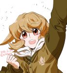  302 arm_up atra_mixta clenched_hands dated gundam gundam_tekketsu_no_orphans highres jacket light_brown_hair open_mouth red_eyes scarf smile solo twitter_username upper_body white_scarf 