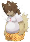  2018 anthro blush boxer_briefs brown_hair bulge clothing digital_media_(artwork) erection erection_under_clothes fur hair japanese_text looking_at_self looking_down male mammal moobs multicolored_underwear overweight overweight_male raised_tail shirotama shirt simple_background solo spiral_eyes sweat sweatdrop t-shirt tan_fur tenting text underwear white_background 
