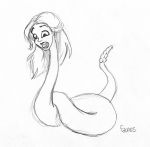  2009 armless faunus_(artist) female hair legless limbless monochrome nude open_mouth rattlesnake reptile scalie simple_background snake solo surprise transformation what_has_science_done white_background 