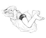  animal_ear_fluff animal_ears barefoot bike_shorts blush bra commentary_request feet fox_ears fox_girl_(jaco) fox_tail greyscale jaco large_tail long_hair looking_at_viewer monochrome off_shoulder original shirt short_hair simple_background sketch solo tail tail_hug underwear white_background 