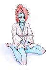  anthro barefoot blue_skin blush eye_patch eyewear female fish gills hair long_hair marine meetworp on_ground red_hair simple_background sketch solo undertale undyne video_games white_background 