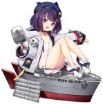  anchor_choker azur_lane blush breasts bush_(azur_lane) choker collarbone eyebrows_visible_through_hair full_body hair_ornament hairclip looking_at_viewer official_art open_mouth philomelalilium purple_eyes purple_hair shoes short_hair sitting small_breasts smile sneakers solo transparent_background 