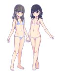  aoi_kumiko bangs bare_arms bare_legs bare_shoulders barefoot bikini black_hair blue_bikini blush brown_eyes brown_hair closed_mouth collarbone eyebrows_visible_through_hair fingernails flat_chest groin hair_between_eyes highres holding_hands interlocked_fingers long_hair looking_at_viewer multiple_girls navel original parted_lips pink_bikini simple_background smile standing swimsuit white_background 
