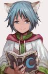  animal_ear_fluff animal_ears blue_eyes blue_hair book cape cat_ears crescent grey_background hankuri hood hoodie leon_geeste male_focus smile solo star_ocean star_ocean_the_second_story upper_body 