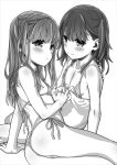 aoi_kumiko areola_slip areolae arm_support ass bangs bare_arms bare_shoulders bikini blush breasts closed_mouth fingernails greyscale hair_between_eyes highres holding_hands interlocked_fingers long_hair looking_at_viewer monochrome multiple_girls one_side_up original parted_lips side-tie_bikini small_breasts smile swimsuit white_background 