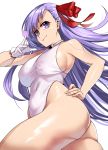  absurdres ass bare_shoulders bb_(fate)_(all) bb_(swimsuit_mooncancer)_(fate) breasts commentary_request condom condom_wrapper covered_navel fate/grand_order fate_(series) gloves highres kisaragi_(legobionicle23) large_breasts leotard long_hair looking_at_viewer purple_eyes purple_hair shiny shiny_hair shiny_skin sideboob simple_background single_glove smile solo standing swimsuit taut_clothes very_long_hair white_background white_leotard 