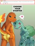  2018 anthro anthrofied anus balls bulbasaur butt charmander claws digital_media_(artwork) duo fire flaming_tail flora_fauna looking_at_viewer looking_back male nearphotison nintendo nude penis plant pok&eacute;mon pok&eacute;mon_(species) red_eyes scalie simple_background smile text video_games 