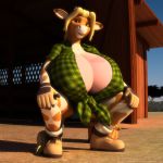  3d_(artwork) annabelle_cow anthro anthroanim big_breasts blonde_hair bovine breasts cattle clothed clothing crouching digital_media_(artwork) female fur hair hi_res horn huge_breasts hyper looking_at_viewer mammal nipples simple_background smile solo 