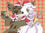  ambiguous_gender black_skin blue_eyes blue_sclera christmas claws confetti digital_media_(artwork) duo fangs fur gift hat holidays legendary_pok&eacute;mon nintendo on_ice_(artist) open_mouth party_popper pok&eacute;mon pok&eacute;mon_(species) red_sclera reshiram santa_hat scarf smile standing tongue video_games white_eyes white_fur wings zekrom 