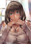  backlighting bare_shoulders blue_eyes blurry blurry_background breast_rest breasts brown_hair chin_rest cleavage commentary_request hair_between_eyes hairband idolmaster idolmaster_cinderella_girls interlocked_fingers jewelry large_breasts long_hair looking_at_viewer necklace nohito off-shoulder_sweater pendant pov_across_table ribbed_sweater sagisawa_fumika solo sweater 