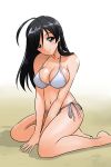  ahoge bangs bare_shoulders barefoot bikini black_eyes black_hair breasts cleavage dated full_body girls_und_panzer gradient gradient_background head_tilt isuzu_hana kneeling large_breasts long_hair looking_at_viewer matsui_yasutsugu side-tie_bikini signature smile solo swimsuit white_background white_bikini 