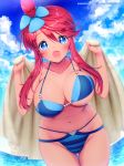  :d ass_visible_through_thighs bare_shoulders beach bikini blue_bikini blue_eyes blue_sky blush breasts cleavage cloud collarbone cowboy_shot day fuuro_(pokemon) groin gym_leader hair_bun hair_ornament happy highres looking_at_viewer naoto_(yandereheaven) ocean open_mouth outdoors pokemon pokemon_(game) pokemon_bw red_hair sidelocks signature skindentation sky smile solo sparkle stomach string_bikini swimsuit thigh_gap towel underboob 