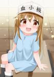  :d bangs black_footwear blue_shirt blush boots brown_eyes brown_shorts cacao_(chocolat) character_name clothes_writing commentary_request eyebrows_visible_through_hair flat_cap hair_between_eyes hat hataraku_saibou highres light_brown_hair long_hair looking_at_viewer open_mouth platelet_(hataraku_saibou) round_teeth shirt short_shorts short_sleeves shorts smile solo teeth upper_teeth very_long_hair white_hat 
