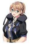  belt bespectacled black-framed_eyewear black_shirt blue_eyes breasts brown_hair glasses grey_neckwear intrepid_(kantai_collection) kantai_collection kyougoku_shin large_breasts looking_at_viewer neck_pillow open_mouth ponytail shirt short_hair simple_background smile solo upper_body white_background 