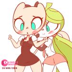  2018 animated anthro anthrofied assisted_exposure blue_eyes blush braces clothed clothing dialogue digital_media_(artwork) diives duo english_text feline female flat_chested hi_res humanoid legendary_pok&eacute;mon mammal meloetta meloetta_(aria_form) mew mewtwo necktie nintendo nipples open_mouth pok&eacute;mon pok&eacute;mon_(species) pok&eacute;morph school_uniform shirt simple_background skirt teeth text uniform video_games white_background 