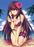  beach bikini blue_sky blush bracelet breasts cleavage cloud cup day drinking_glass fate/grand_order fate_(series) flower hair_flower hair_intakes hair_ornament hibiscus jewelry kneeling large_breasts leg_garter looking_at_viewer mysterymiharu ocean palm_leaf pink_bikini purple_bikini purple_hair purple_sarong red_eyes sand sarong scathach_(fate)_(all) scathach_(swimsuit_assassin)_(fate) sky solo strap_slip swimsuit 