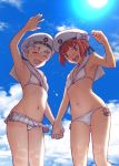  bare_shoulders bikini bikini_skirt blue_sky brown_eyes brown_hair closed_eyes clothes_writing cloud commentary_request cowboy_shot day frilled_bikini frilled_skirt frills from_below hat holding_hands kantai_collection looking_at_viewer mu-pyon multiple_girls sailor_bikini sailor_collar sailor_hat shade silver_hair skirt sky sun swimsuit white_bikini white_hat z1_leberecht_maass_(kantai_collection) z3_max_schultz_(kantai_collection) 