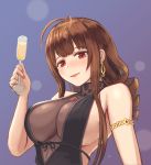  1girl ahoge alternate_costume armlet bangs black_dress blunt_bangs blush breasts brown_hair champagne_flute cleavage cup dress drinking_glass dsr-50_(girls_frontline) earrings girls_frontline holding holding_drinking_glass jewelry large_breasts long_hair looking_at_viewer moppu_(000mopipi) nail_polish no_bra open_mouth pendant red_eyes ring ruby_(stone) sidelocks upper_body 