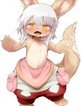  animal_ears blush dagashi_(daga2626) eyebrows_visible_through_hair fangs full_body fur furry highres looking_at_viewer made_in_abyss nanachi_(made_in_abyss) open_mouth short_hair simple_background smile solo standing tail whiskers white_background white_hair yellow_eyes 