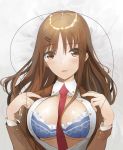  blue_bra blush bra breasts brown_eyes brown_hair cleavage hair_ornament hairclip large_breasts long_hair looking_at_viewer lying necktie on_back open_clothes open_shirt original pupps red_neckwear solo underwear upper_body 