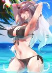  armpits arms_up bare_shoulders bikini black_bikini blue_sky blush breasts choker commentary contrapposto cowboy_shot day eyebrows_visible_through_hair front-tie_bikini front-tie_top girls_frontline grey_hair hair_between_eyes hair_ornament highres horizon large_breasts long_hair looking_at_viewer mouth_hold navel outdoors pk_(girls_frontline) red_eyes side-tie_bikini sky solo swimsuit tying_hair viewfinder wading water wet yueqin_(monnpiano) 