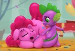  2018 ambiguous_gender cutie_mark duo earth_pony equine eyes_closed feral friendship_is_magic green_eyes hair holding_object horse mammal my_little_pony open_mouth pink_hair pinkie_pie_(mlp) pony rodrigues404 scroll sleeping spike_(mlp) young 