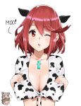  2girls animal_ears animal_print blush breast_suppress breasts chibi chibi_inset cleavage commentary covered_nipples cow_ears cow_girl cow_print english english_commentary highres homura_(xenoblade_2) j@ck large_breasts looking_at_viewer multiple_girls niyah no_bra one_eye_closed print_shirt puffy_nipples red_eyes red_hair rex_(xenoblade_2) sagging_breasts shirt short_hair simple_background solo_focus tied_shirt white_background xenoblade_(series) xenoblade_2 