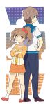  1girl back-to-back bandaid bandaid_on_knee blue_eyes blue_pants blue_sailor_collar bow brown_eyes brown_hair casual crossed_arms hair_bow hand_on_hip height_difference highres hisanuma_sayu isaki_kaname long_hair nagi_no_asukara narumi_(masatoshi-0313) pants red_footwear sailor_collar school_uniform single_stripe standing twintails 