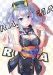  absurdres alternate_costume bare_shoulders beret blue_eyes blush breasts character_name cleavage cleavage_cutout commentary_request cosplay dress eyebrows_visible_through_hair hair_ornament hairclip hat highres kaguya_luna kaguya_luna_(character) kaguya_luna_(character)_(cosplay) kantai_collection kashima_(kantai_collection) kotoba_suzu large_breasts long_hair looking_at_viewer open_mouth ribbon sash silver_hair sleeveless solo twintails virtual_youtuber wavy_hair wrist_ribbon 
