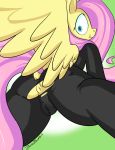  2018 animal_genitalia animal_pussy anus blue_eyes bodysuit clitoris clothing equine equine_pussy eyelashes feathered_wings feathers female fluttershy_(mlp) friendship_is_magic fur hair hi_res leafrunnerk long_hair looking_at_viewer looking_back mammal my_little_pony pegasus pink_hair puffy_anus pussy rear_view simple_background skinsuit solo spread_legs spreading standing thick_thighs tight_clothing torn_clothing wardrobe_malfunction wide_hips wings yellow_feathers yellow_fur zanezandell 