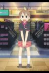  1girl aioi_yuuko artist_request bird brown_hair employee_uniform mogura_(nichijou) name_tag nichijou open_mouth short_hair sign skirt smile solo store uniform 