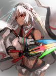  altera_(fate) aruto2498 ass_visible_through_thighs bangs bare_shoulders breasts closed_mouth dark_skin detached_sleeves eyebrows_visible_through_hair fate/grand_order fate_(series) feet_out_of_frame headdress hips holding holding_weapon jewelry midriff navel photon_ray red_eyes short_hair showgirl_skirt simple_background skirt small_breasts solo sword tan tattoo weapon white_hair 