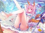  absurdres animal_ear_fluff animal_ears arms_behind_back beach_umbrella bikini bikini_under_clothes blue_bikini breasts commentary_request day fate/grand_order fate_(series) fox_ears fox_tail highres huge_filesize innertube large_breasts ocean outdoors palm_tree parasol pink_hair see-through shirt side-tie_bikini solo swimsuit tail tamamo_(fate)_(all) tamamo_no_mae_(swimsuit_lancer)_(fate) towel tree umbrella wet wet_clothes wet_shirt wet_t-shirt yazuishou_ray yellow_eyes 