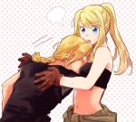  1girl :o =3 amputee bare_arms bare_shoulders between_breasts black_shirt black_tank_top blonde_hair blue_eyes blush braid breasts brown_gloves commentary_request edward_elric embarrassed eyebrows_visible_through_hair facing_away falling frown fullmetal_alchemist gloves head_between_breasts long_hair looking_down navel nervous open_mouth pink_background polka_dot polka_dot_background ponytail profile shirt simple_background sweatdrop tank_top tsukuda0310 two-tone_background upper_body white_background winry_rockbell 