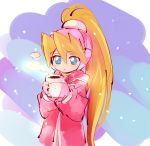  bangs blonde_hair blue_eyes blush ciel_(rockman) coat cup eyebrows_visible_through_hair gloves hair_between_eyes headgear high_ponytail hood hood_down kon_(kin219) long_hair mug pink_coat ponytail rockman rockman_zero sketch snow solo very_long_hair white_gloves 