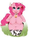  2018 anthro areola big_breasts black_nails blue_eyes breasts clothing collar colored_nails cow_print cowbell digital_media_(artwork) earth_pony equine evehly female friendship_is_magic grass hair hand_on_breast hi_res horn horse inverted_nipples legwear looking_at_viewer mammal my_little_pony navel nipples open_mouth pink_hair pinkie_pie_(mlp) pony simple_background slightly_chubby smile solo teeth thigh_highs tongue white_background 