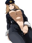  :&lt; black_bodysuit blonde_hair bodysuit boku_no_hero_academia breasts brown_hair cafekun choker cowboy_shot half-closed_eyes hat highres large_breasts long_sleeves looking_to_the_side navel no_bra simple_background solo thigh_gap underboob unzipped unzipping utsushimi_kemii white_background 