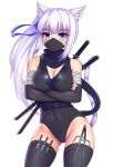  2018 absurd_res alpha_channel animal_humanoid armwear blue_eyes breasts cat_humanoid cleavage clothed clothing colored_nails crossed_arms dagger digital_media_(artwork) eyelashes feline female hair hi_res humanoid inner_ear_fluff katana kunai legwear long_hair looking_at_viewer mammal mask melee_weapon ribbons sai_(weapon) simple_background solo stiletto sword thigh_highs transparent_background twistedscarlett60 weapon white_hair 