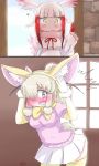  2girls 2koma alpaca_ears alpaca_suri_(kemono_friends) alpaca_tail animal_ear_fluff animal_ears bangs bird_wings black_hair blush bow bowtie comic commentary_request cosplay elbow_gloves embarrassed eyebrows_visible_through_hair fake_animal_ears fennec_(kemono_friends) fennec_(kemono_friends)_(cosplay) fox_ears frilled_sleeves frills fujii_yukiyo fur_collar fur_trim gloves hair_bun hair_over_one_eye hair_tubes head_wings highres japanese_crested_ibis_(kemono_friends) kemono_friends long_sleeves multicolored_hair multiple_girls neck_ribbon nose_blush pleated_skirt puffy_short_sleeves puffy_sleeves red_hair ribbon seiyuu_connection short_hair short_sleeves sidelocks skirt tail thighhighs uho_(uhoyoshi-o) white_hair wings zettai_ryouiki 