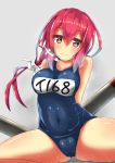  blush breasts closed_mouth commentary_request curvy eyebrows_visible_through_hair grey_background hair_between_eyes highres i-168_(kantai_collection) kantai_collection large_breasts long_hair one-piece_swimsuit plump red_eyes red_hair school_swimsuit simple_background solo swimsuit thighs torpedo unomi 