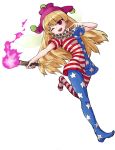  absurdres american_flag_dress american_flag_legwear blonde_hair clownpiece commentary_request dress fairy fairy_wings frilled_shirt_collar frills full_body hat highres jester_cap leggings long_hair neck_ruff nob1109 one_eye_closed open_mouth pantyhose pink_eyes print_legwear short_dress short_sleeves simple_background solo star star_print striped striped_dress striped_legwear torch touhou very_long_hair white_background wings 