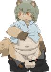  2016 anthro balls beige_penis belly censor_bar clothed clothing clothing_lift digital_media_(artwork) erection fur green_hair hair half-erect humanoid_penis looking_aside male mammal navel open_pants overweight overweight_male pants_down partially_clothed partially_retracted_foreskin penis shirotama shirt shirt_lift solo tan_balls tan_fur uncut 