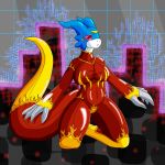  anthro big_breasts blue_skin breasts clothed clothing digimon dragon female flamedramon inctastic invalid_tag scalie shy solo tight_clothing 