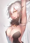  armpits arms_up backless_dress backless_outfit benghuai_xueyuan between_breasts black_dress breasts center_opening covered_nipples dark_persona dress from_side hair_between_eyes herrscher_of_the_void honkai_impact kiana_kaslana kuro_saki large_breasts licking_lips long_hair looking_at_viewer revealing_clothes silver_hair solo tongue tongue_out upper_body yellow_eyes 